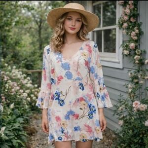 Arna York Vneck Poppy Floral Tunic Dress 3/4 Sleeves Size 14/16 Cottage Feminine